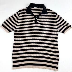 Mr Turk Retro Striped Knit Polo Shirt Black Khaki Short Sleeve Textured S